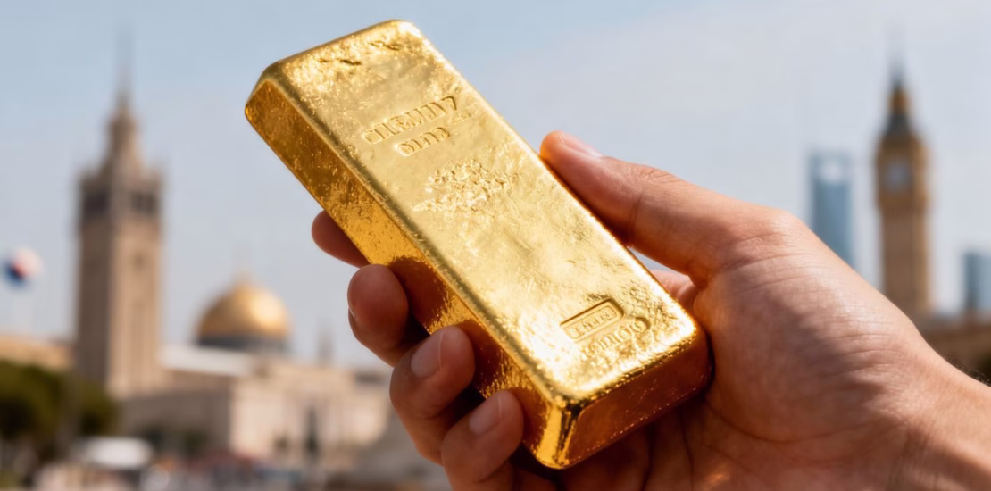 يد ذهبية تحمل سبيكة ذهبية في الخارج.