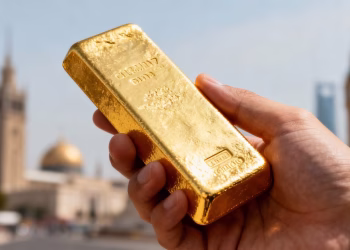 Main d'or tenant une barre d'or à l'étranger.