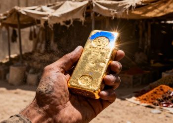 Main d'or tenant une barre d'or dans un marché étranger.