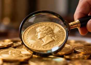 Loupe examinant une pièce d'or pour sa légitimité.