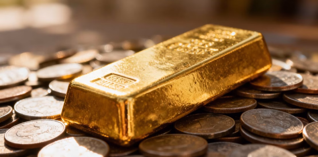 سبيكة ذهبية على العملات المعدنية، ترمز إلى الثروة.