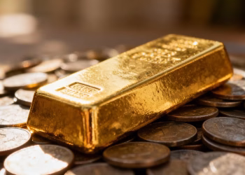 Lingot d'or sur des pièces de monnaie, symbolisant la richesse.