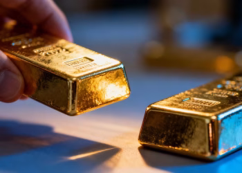 Main d'une personne tenant une barre d'or brillante.