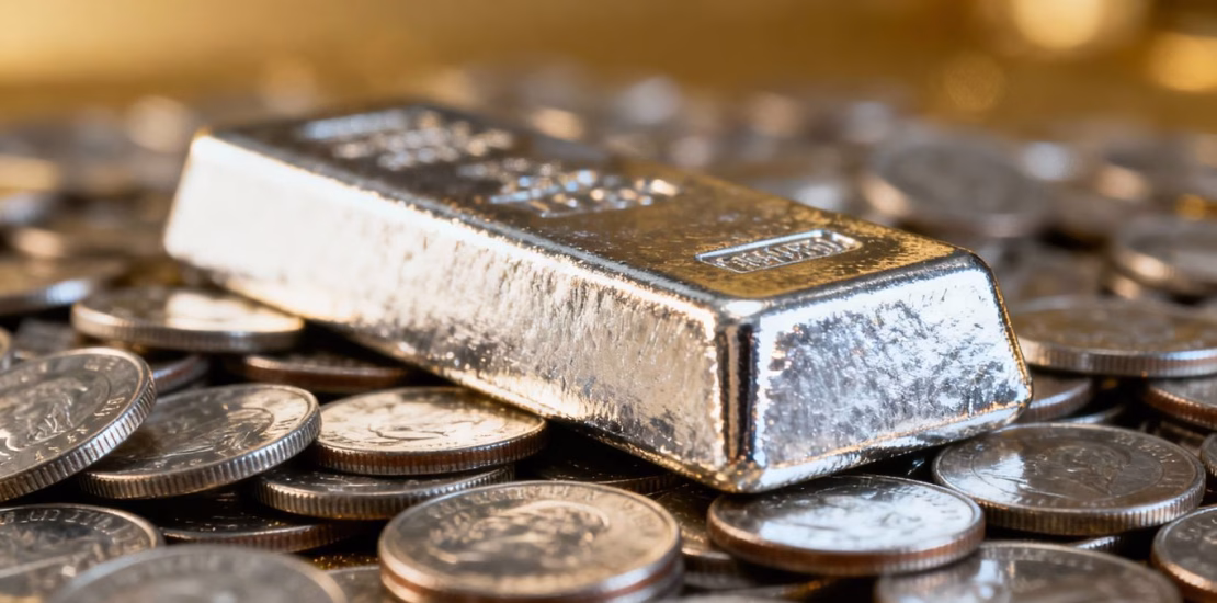 Barre d'argent et pièces d'argent