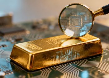Lingot d'or sur fond technologique abstrait.