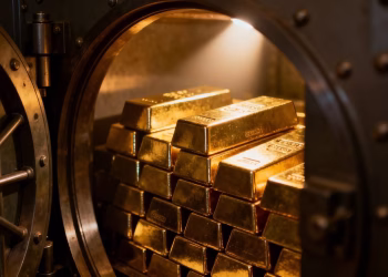 Lingots d'or dans un coffre-fort sombre.