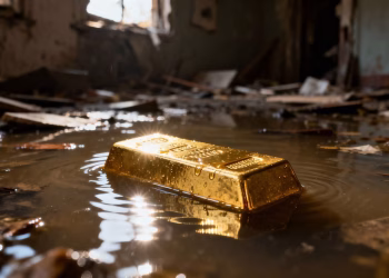 Lingot d'or dans l'eau après une catastrophe.