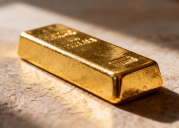 Lingot d'or brillant sur fond flou.