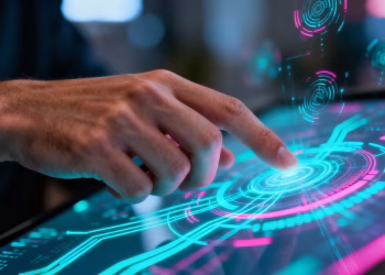 Main d'une personne interagissant avec une interface holographique futuriste.