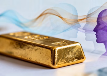 Barre d'or avec des symboles psychologiques abstraits en arrière-plan.