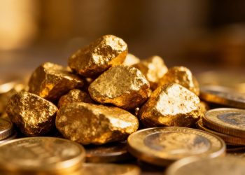 Petite pile de pépites et pièces d'or brillantes.