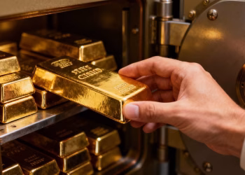 Main d'or plaçant une barre d'or dans un coffre.