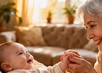 Une femme âgée tenant la main d'un bébé.