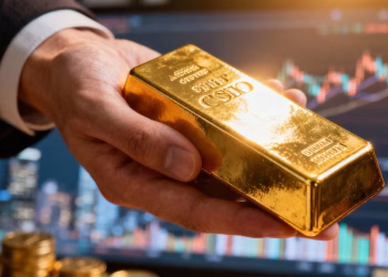 Main d'or tenant une barre d'or, avenir financier
