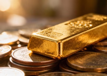 Barre d'or et pièces de monnaie, symbole de richesse et d'investissement.