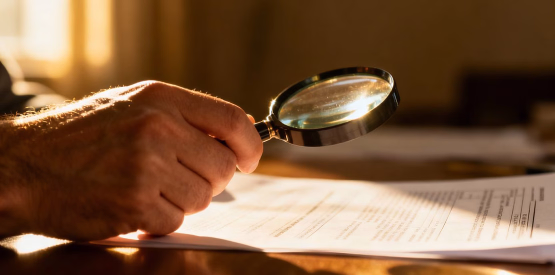 يد شخص تمسك عدسة مكبرة فوق وثيقة.