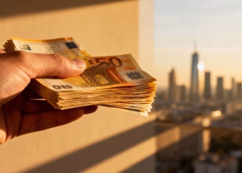 Main d'une personne tenant des billets en euros.