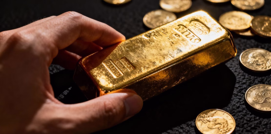 Main d'or tenant une barre d'or avec des pièces.