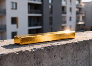 Barre d'or sur fond immobilier moderne.