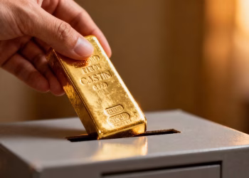 Main dorée déposant une barre d'or dans une boîte de dons.