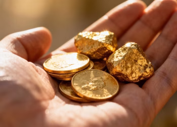 Petites quantités d'or, pièces et pépites.