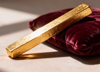 Lingot d'or sur un coussin en velours.