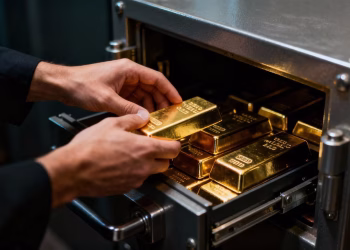 Mains plaçant des lingots d'or dans un coffre-fort sécurisé.