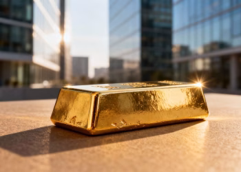 Barre d'or sur fond d'immeubles de bureaux modernes.