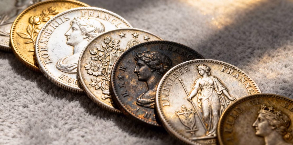 عملات فضية فرنسية قديمة، صورة مقربة، لمعان معدني.