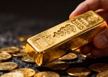 Main d'or tenant une barre d'or avec des pièces.
