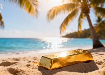 Lingot d'or sur une plage tropicale