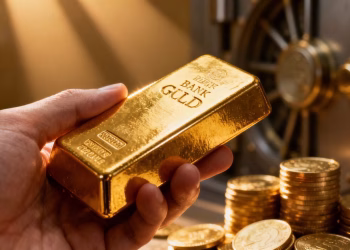 Main d'une personne tenant une barre d'or.