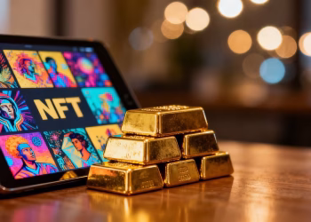 Lingots d'or à côté de NFT sur une tablette numérique