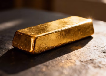 Lingot d'or brillant sur fond sombre.