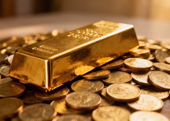 Barre d'or et pièces d'or, symbole d'investissement.