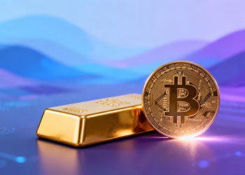 Barre d'or et pièce de cryptomonnaie numérique.