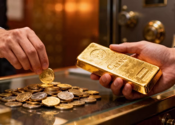 Main d'or tenant une barre d'or et une pile de pièces.