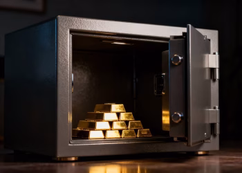 Coffre-fort domestique avec des lingots d'or à l'intérieur.