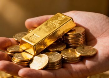 Main d'or tenant des pièces d'or et une barre d'or.