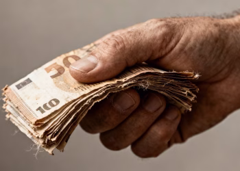 Main tenant des billets en euros, symbolisant l'épargne.