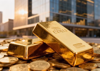 Lingots d'or et pièces d'or sur fond d'immeuble financier.