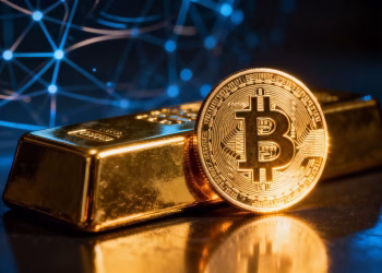 Barre d'or et pièce de Bitcoin, or numérique.