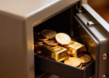Lingots et pièces d'or dans un coffre-fort à domicile.