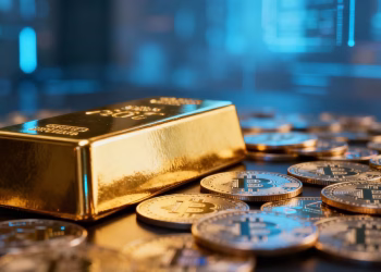 Barre d'or et pièces de cryptomonnaie numériques.