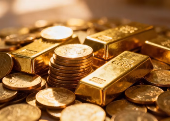 Lingots et pièces d'or brillants.