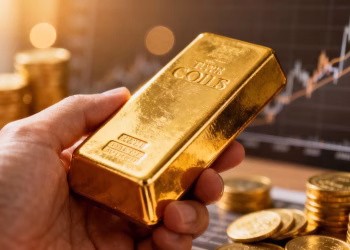 Main d'une personne tenant une barre d'or.