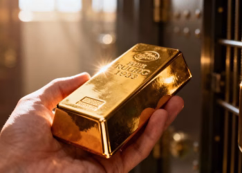Main d'or tenant une barre d'or brillante.