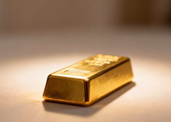 Lingot d'or brillant sur fond flou.