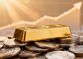 Lingot d'or et pièces sur fond de taux d'intérêt
