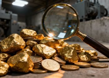 Lingots d'or et pièces sous une loupe, arrière-plan de mine.